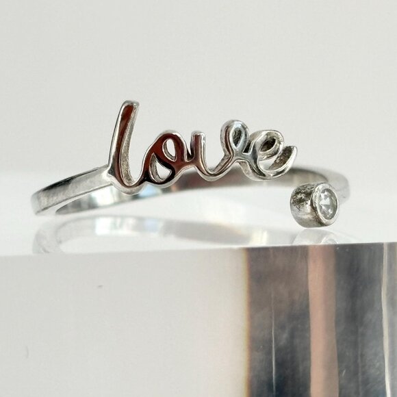 Vintage Jewelry - Sterling Silver Scripted "Love" Bypass Shank Vintage CZ Ring - sz 7.25